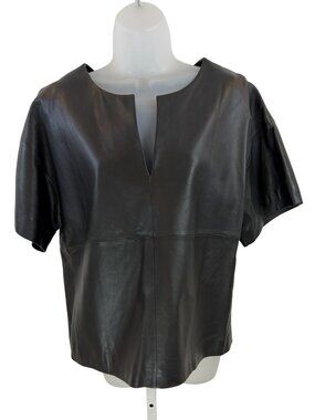 Banana Republic Black Lamb Leather Split Neck Short Sleeve Top Size Medium